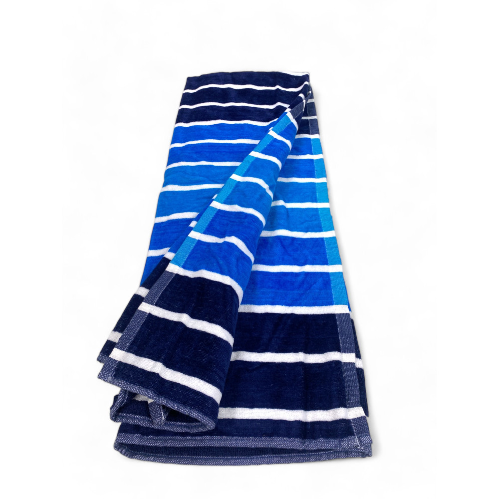 SERVIETTE DE PLAGE en tissu éponge pur coton MULTIRIGA Bleu grande taille cm. 90 X 165 et sac à dos de plage