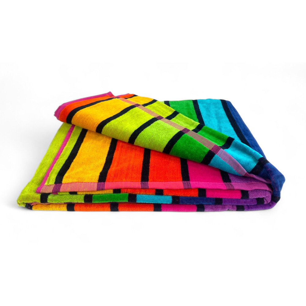 TOALLA DE PLAYA en rizo de puro algodón RIGA MULTICOLOR talla grande cm. 90 X 165 y mochila de playa