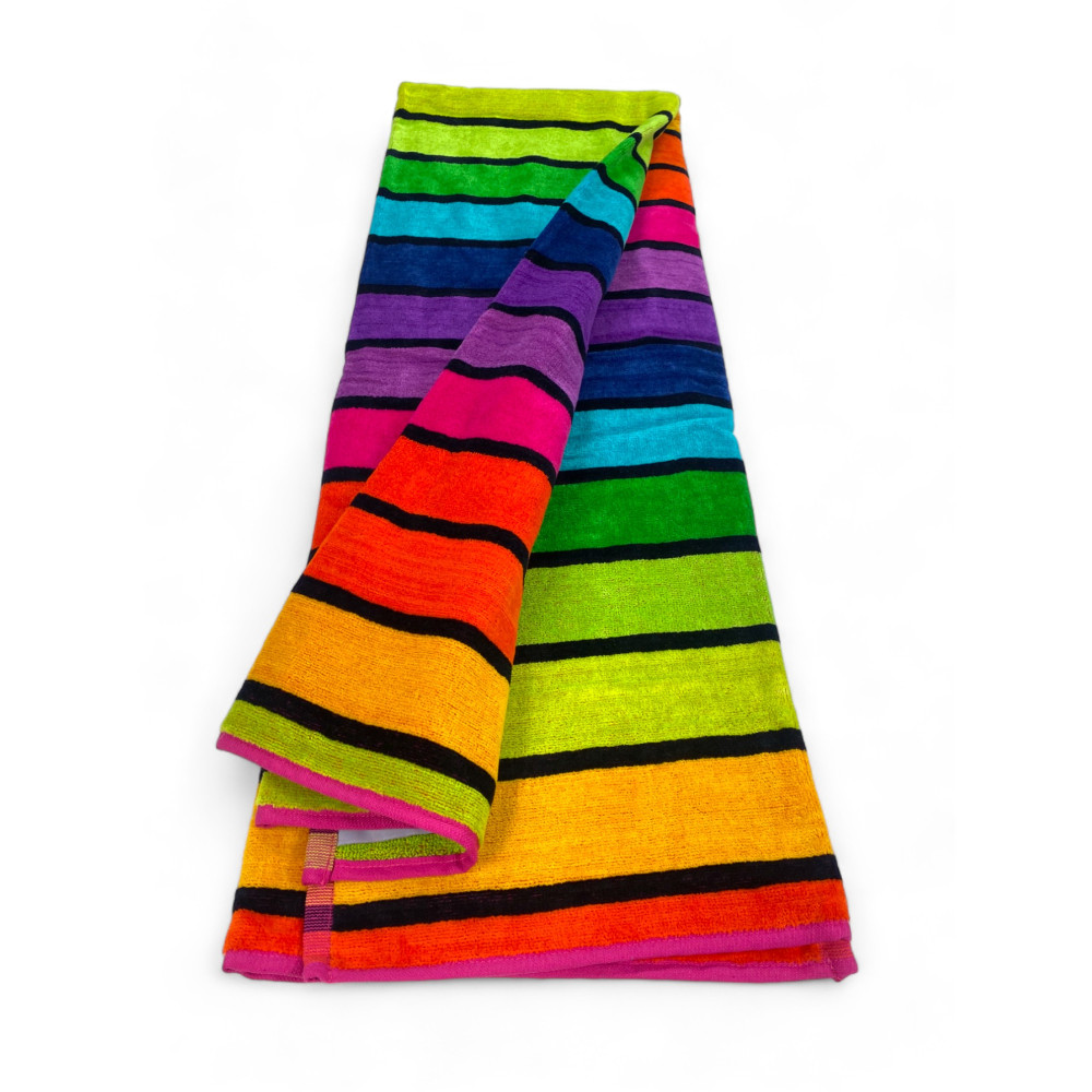 TOALLA DE PLAYA en rizo de puro algodón RIGA MULTICOLOR talla grande cm. 90 X 165 y mochila de playa