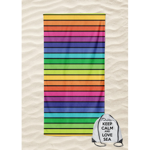 TOALLA DE PLAYA en rizo de puro algodón RIGA MULTICOLOR talla grande cm. 90 X 165 y mochila de playa