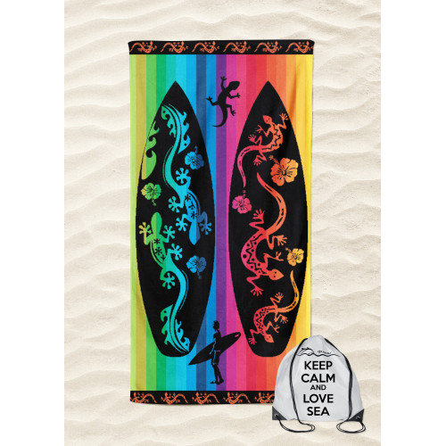 SERVIETTE DE PLAGE en éponge de pur coton Jeko Surf taille grand cm. 90 X 165 et sac à dos de plage