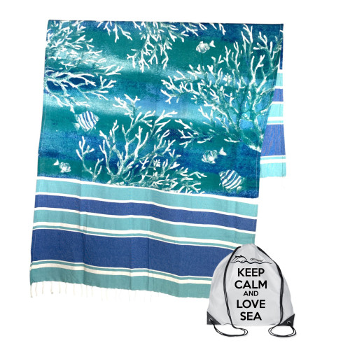 TELO MARE fouta CORALLI Piantine MISURA Grande CM.100X200 con zaino Spiaggia KEEP CALM