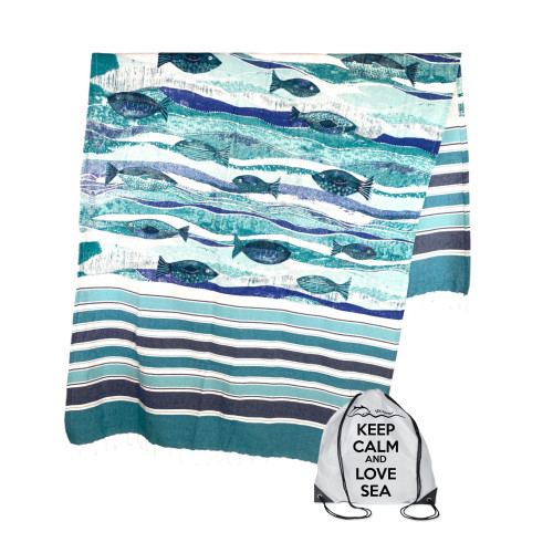 TOALLA DE PLAYA FOUTA Pez Azul Grande CM.100X200 con Mochila de Playa KEEP CALM