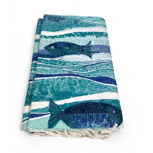 TOALLA DE PLAYA FOUTA Pez Azul Grande CM.100X200 con Mochila de Playa KEEP CALM