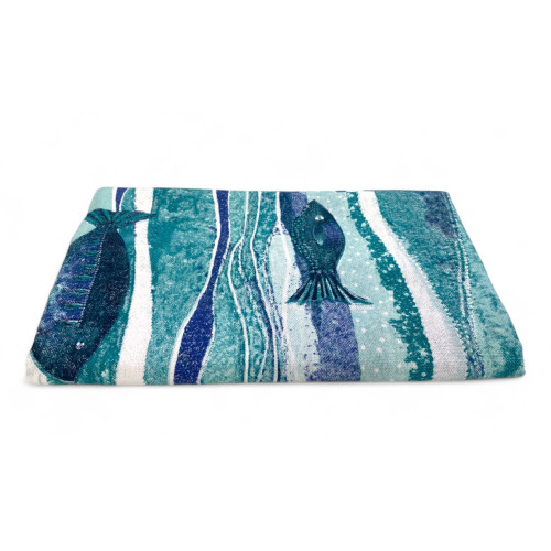 TOALLA DE PLAYA FOUTA Pez Azul Grande CM.100X200 con Mochila de Playa KEEP CALM