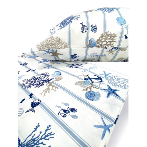 ENSEMBLE de draps MARE Marino CORALLI fond rayé bleu clair en pur coton