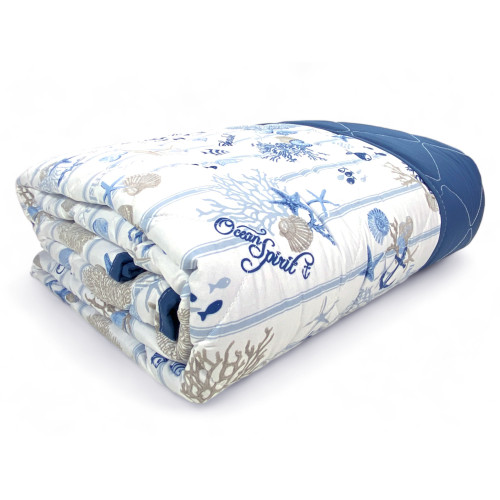 QUILTED BEDSPREAD WITH SEA BOW Corals and Shells with Striped Bottom Made in Italy