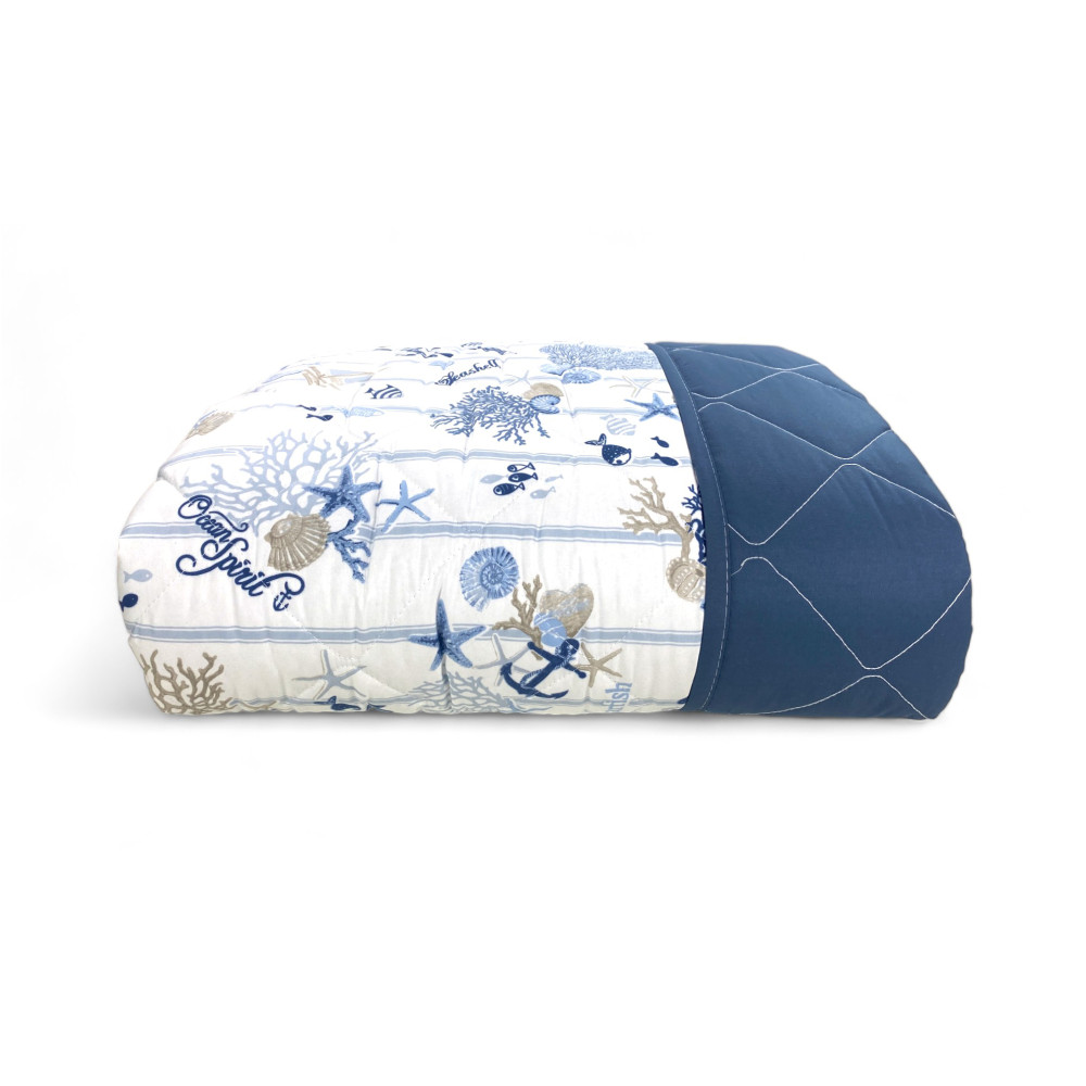 QUILTED BEDSPREAD WITH SEA BOW Corals and Shells with Striped Bottom Made in Italy