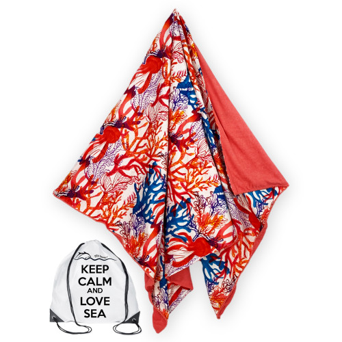 Serviette de plage double KIKOY en coton et éponge avec sac à dos KEEP – Motif Corail Multicolore