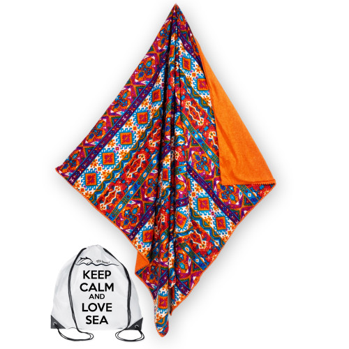Serviette de plage double KIKOY en coton et éponge avec sac à dos KEEP – India Orange Pattern