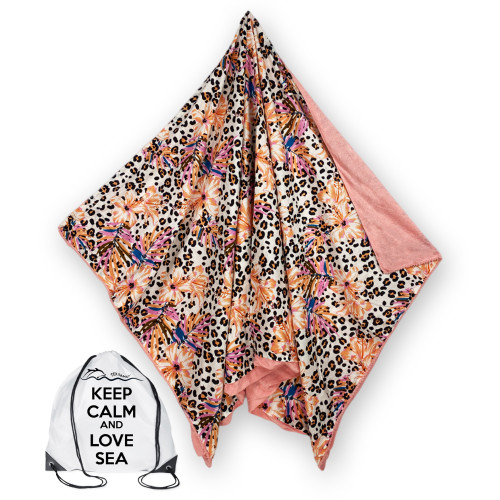 Toalla de playa doble KIKOY en algodón y rizo con mochila KEEP – Estampado de manchas salmón