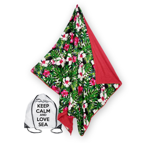 KIKOY doppeltes Strandtuch aus Baumwolle und Frottee mit Rucksack KEEP – Fuchsia Spring Pattern