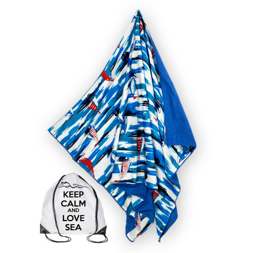 KIKOY double beach towel in cotton and terry cloth with backpack KEEP – Blue Sailing Pattern