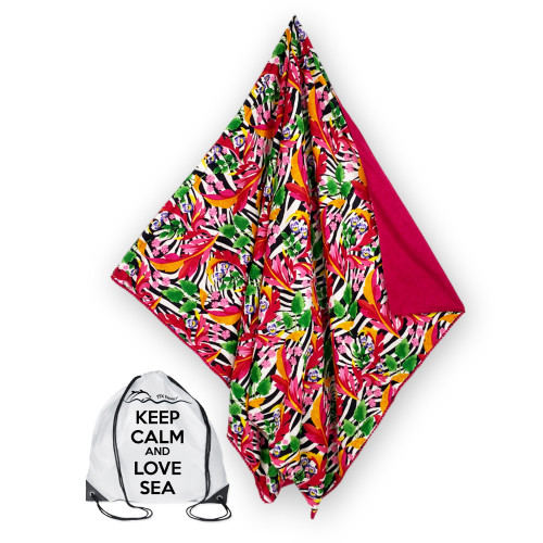 Serviette de plage double KIKOY en coton et éponge avec sac à dos KEEP – Motif zèbre fuchsia