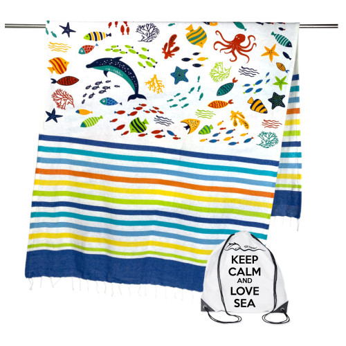 TOALLA DE PLAYA fouta PEZ DE COLORES talla GRANDE con mochila de playa KEEP CALM CM.100X200