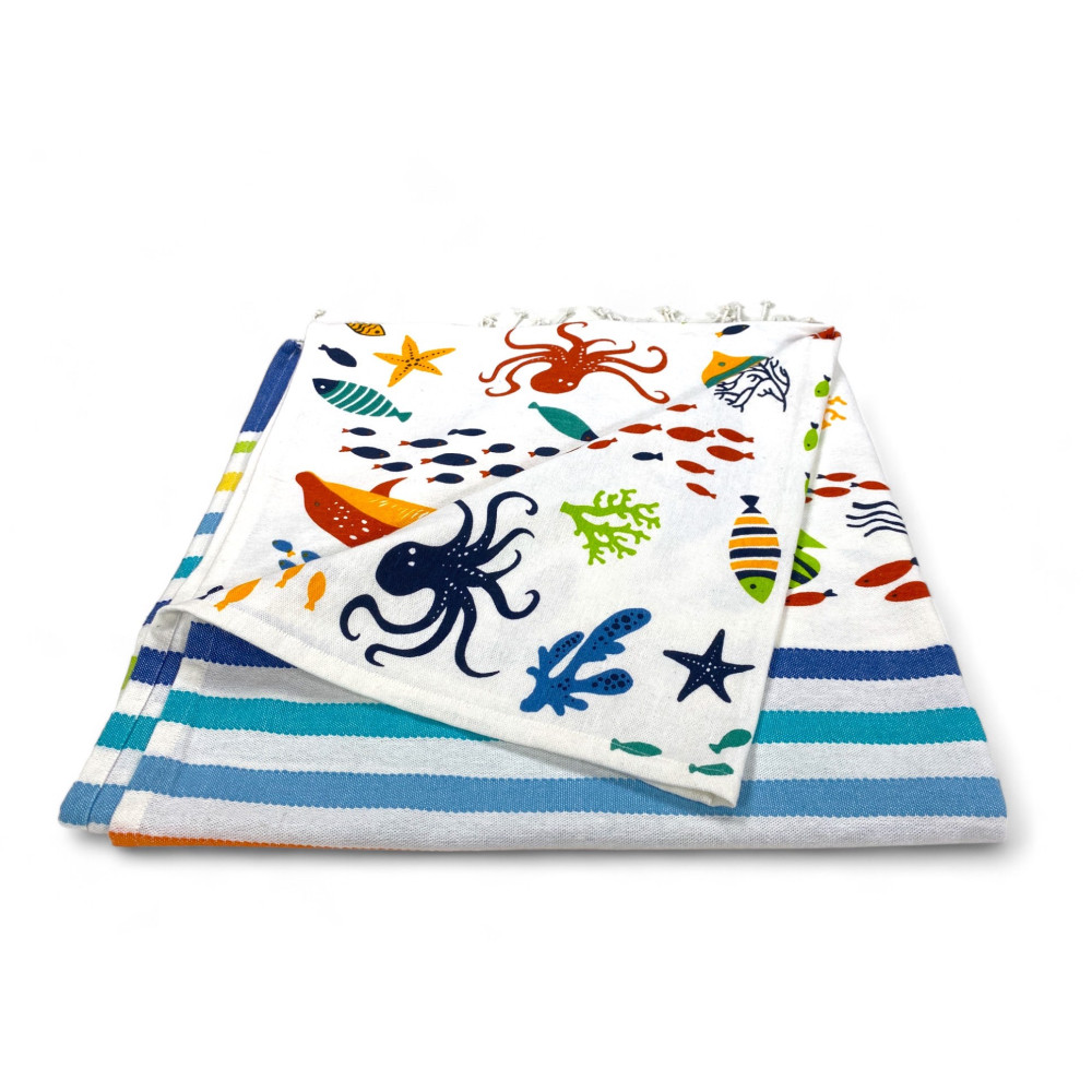 TELO MARE fouta PESCI COLORATI misura GRANDE con zaino Spiaggia KEEP CALM CM.100X200
