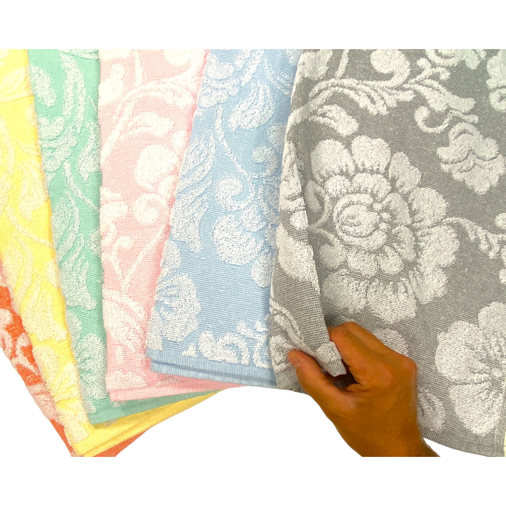 Cotton Bath Towel Set 60x100 and 40x60 Flowers, 6 Pieces, 350 gr/sqm, Pastel Colors, Made in Italy, Absorbent and Soft