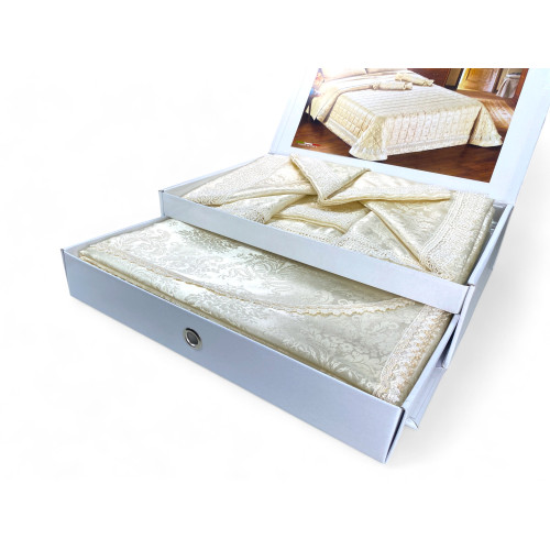 Juego de Cama Doble Queen, Sábanas de Satén de Poliéster con Encaje de Macramé y Colcha con Pasamanería, Made in Italy