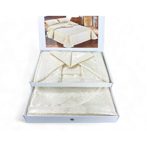 Juego de Cama Doble Queen, Sábanas de Satén de Poliéster con Encaje de Macramé y Colcha con Pasamanería, Made in Italy