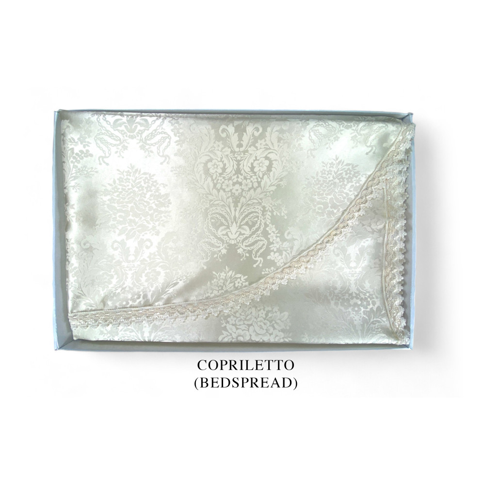 Juego de Cama Doble Queen, Sábanas de Satén de Poliéster con Encaje de Macramé y Colcha con Pasamanería, Made in Italy