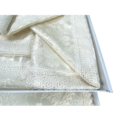 Juego de Cama Doble Queen, Sábanas de Satén de Poliéster con Encaje de Macramé y Colcha con Pasamanería, Made in Italy