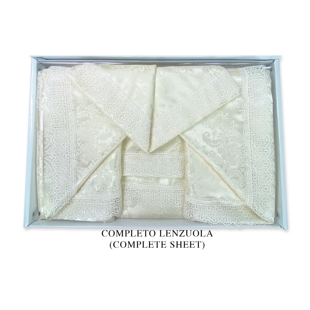 Queen Double Bed Set, Polyester Satin Sheets with Macramé Lace and Bedspread with Trimmings, Made in Italy