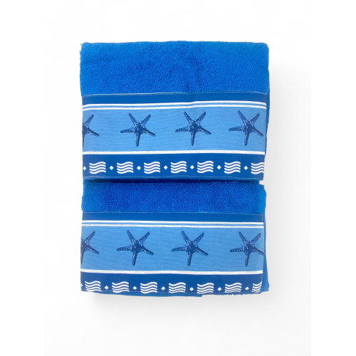 SET Handtücher mit blauem Seestern-Rand aus reiner Baumwolle Made in Italy