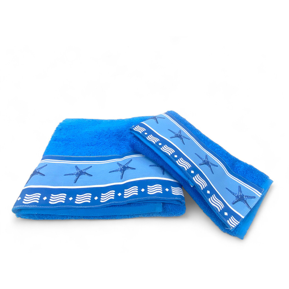 ENSEMBLE de serviettes avec bordure étoile de mer bleue en pur coton Fabriqué en Italie