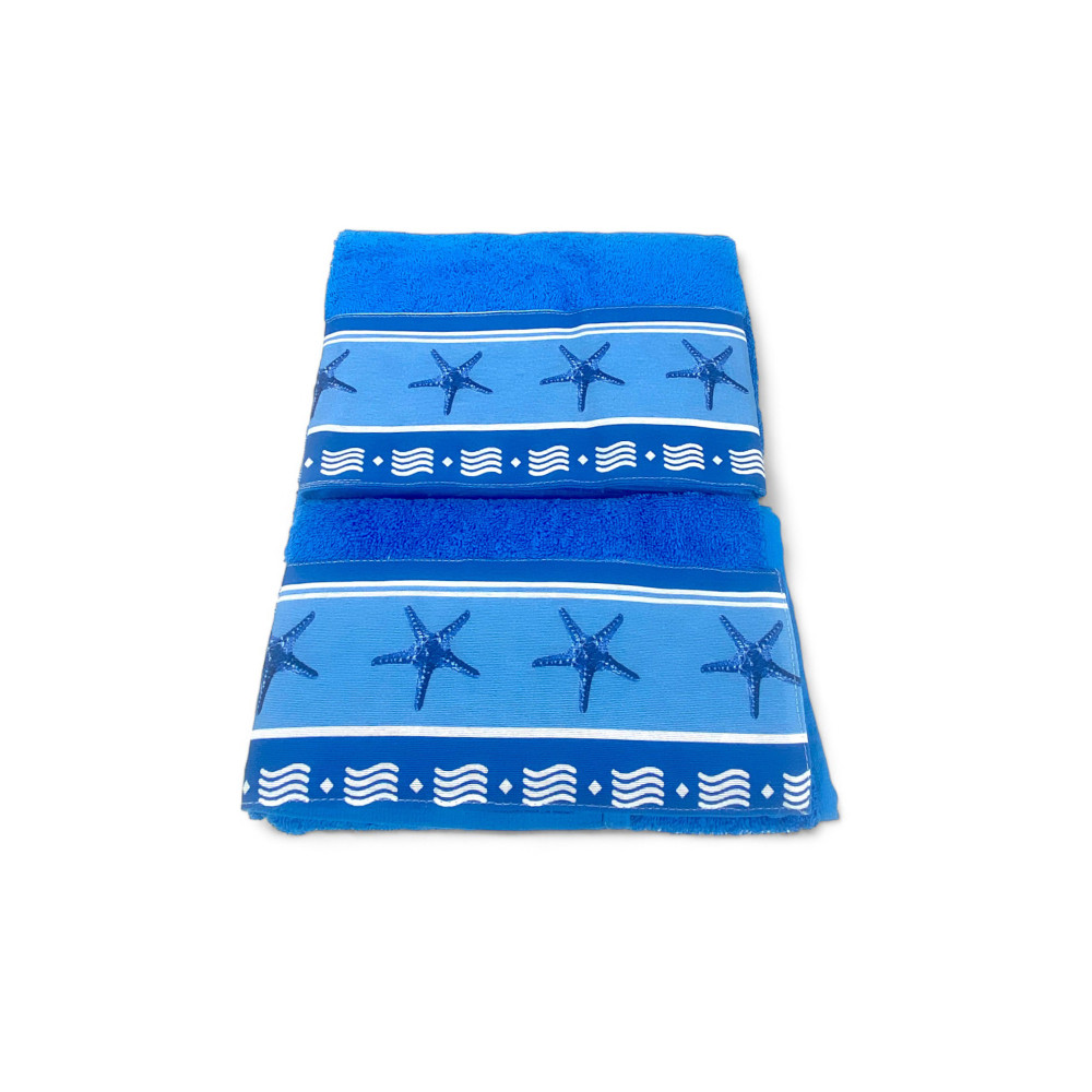 SET of towels with Blue Starfish border in pure cotton Made in Italy