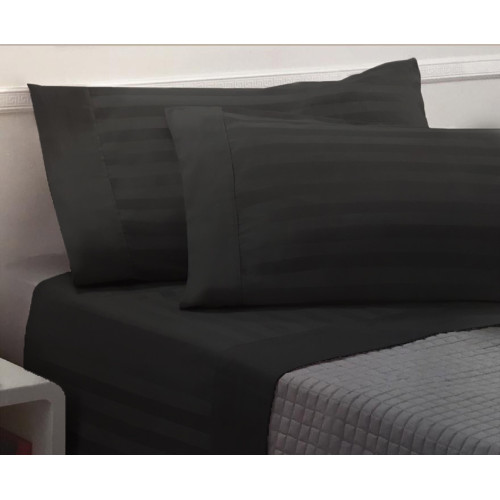 Levante Black Cotton Double Sheets Set, Double Bed Sheet Set, Striped Pure Cotton Satin