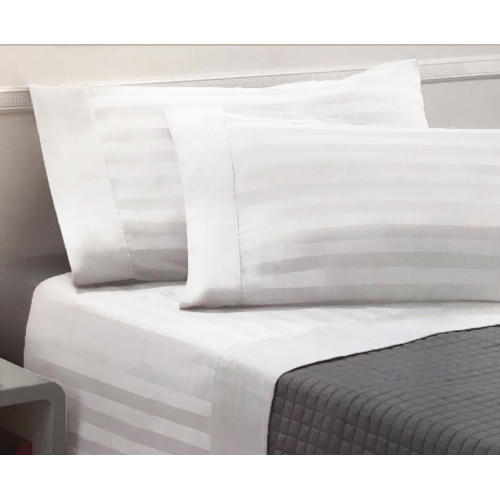 Completo Lenzuola Matrimoniali Cotone Bianco  Levante, Set Lenzuola Letto Matrimoniale, Raso Puro Cotone Rigato