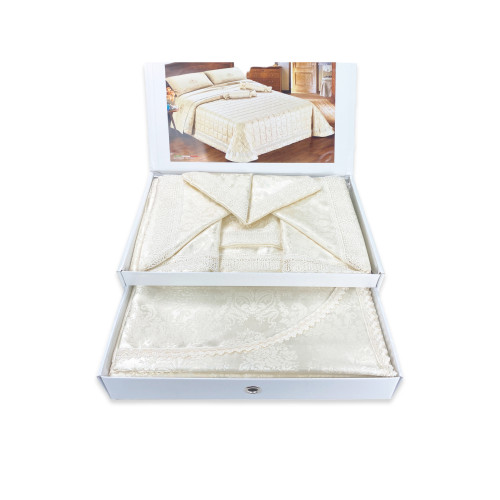 Set Letto Matrimoniale Regina, Lenzuola in Raso di Poliestere con Pizzo Macramè e Copriletto con Passamaneria, Made in Italy