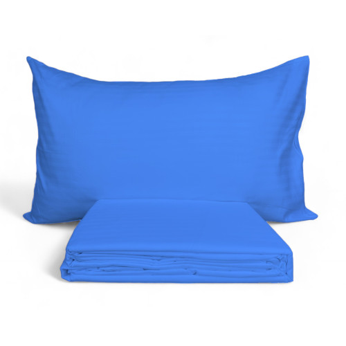 Ensemble de draps doubles en microfibre, bleu clair, satiné rayé, sans repassage, 2 carrés