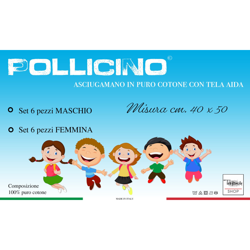 SET di 6 ASCIUGAMANI POLLICINO © ASILO bordati in TINTA UNITA con tela AIDA per ricamare il nome