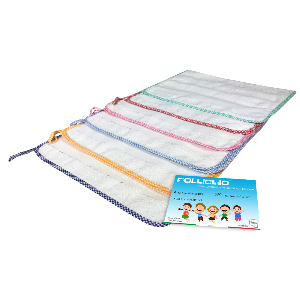 SET MIT 6 THUMB © KINDERGARTEN HANDTÜCHERN einfarbig eingefasst mit AIDA Canvas zum Aufsticken des Namens