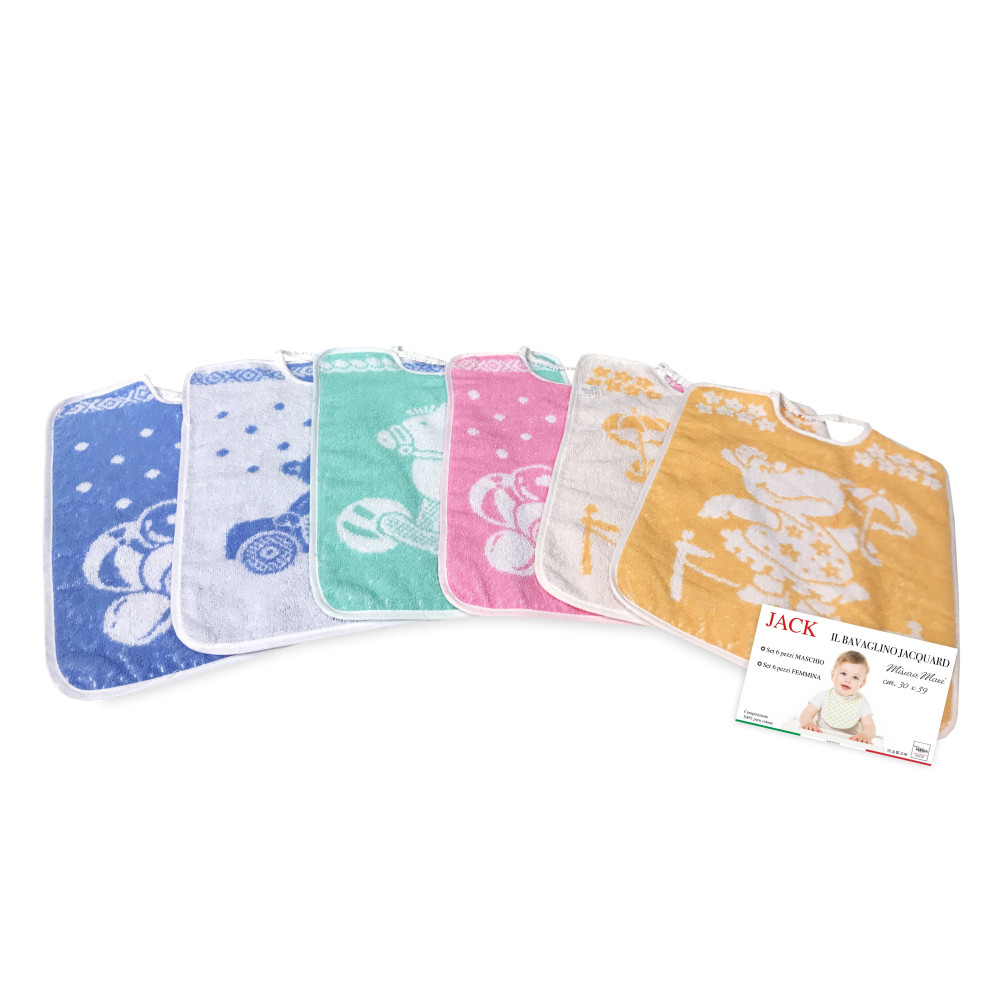 SET 6 BAVAGLINI BAVETTE bambino JACK © cm. 30x39 misura MAXI bavaglio con elastico puro cotone