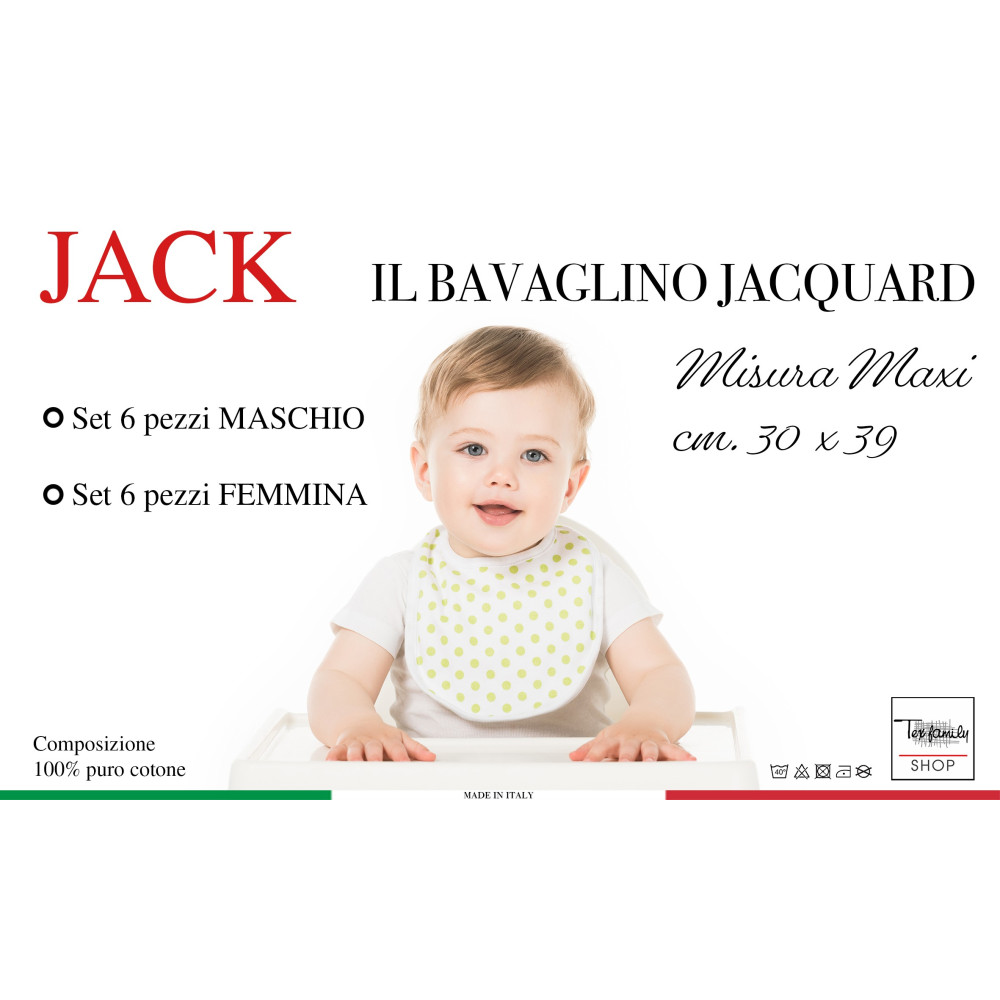 SET 6 BABEROS BABEROS BABY JACK CM © . Pinza MAXI tamaño 30x39 con elástico de puro algodón