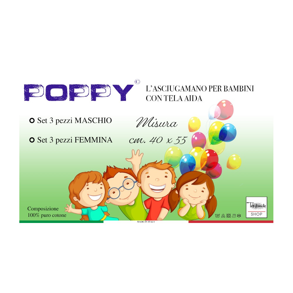 SET 3 TOWELS KINDERGARTEN CHILD POPPY © CM. 40x55 Pure Cotton MALE with AIDA Canvas to Embroider