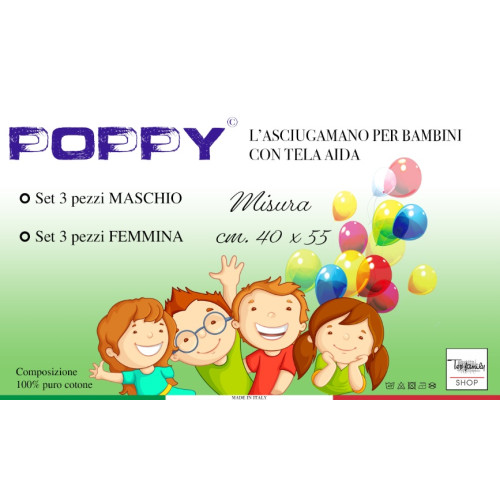 SET 3 TOWELS KINDERGARTEN CHILD POPPY © CM. 40x55 Pure Cotton MALE with AIDA Canvas to Embroider