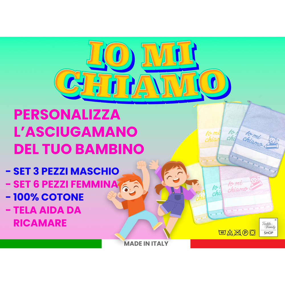 Kindergartenhandtücher 40x55 cm, Double Face aus reiner Baumwolle, Kinderzimmer-Set, Aida Canvas zum Besticken, Made in Italy, w