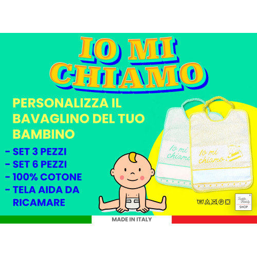 Kindergarten-Lätzchen aus 100% Baumwolle mit AIDA Canvas zum Besticken, 25x34 cm, personalisierbares Lätzchen-Set "Io Mi Chiamo"