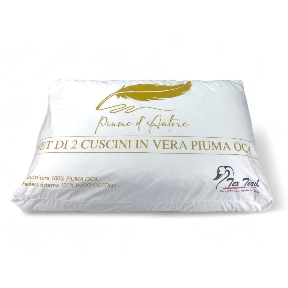 Guanciali Piume d'Autore, Set di 2 Cuscini Letto Matrimoniale Piuma d'Oca 50x80 cm, 1100g, Morbidi, Ipoallergenici e Ergonomici