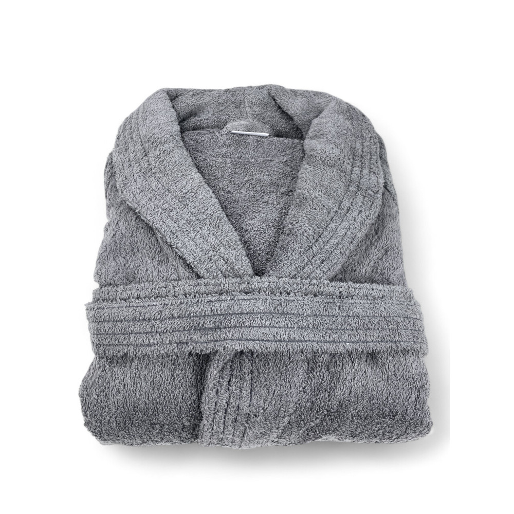 Grauer Schal-Frottee-Bademantel ohne Kapuze aus reiner Baumwolle, made in Italy