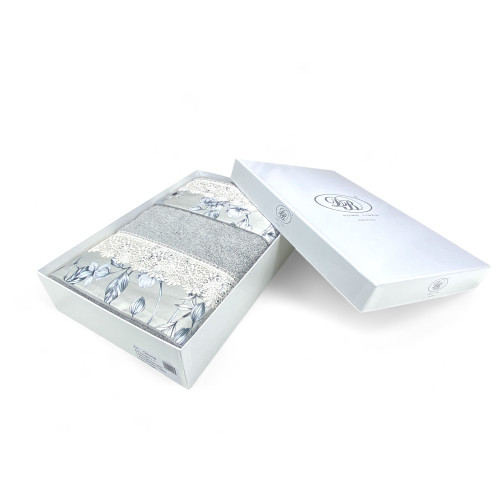 Towel Set 1+1 Macramé Lace Wisteria Grey, Pure Cotton, Made in Italy, Gift Idea, Elegant Box