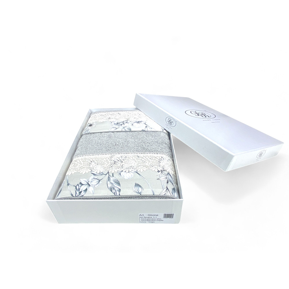 Set Asciugamani 1+1 Pizzo Macramè Glicine Grigio, Puro Cotone, Made in Italy, Idea Regalo, Confezione Elegante