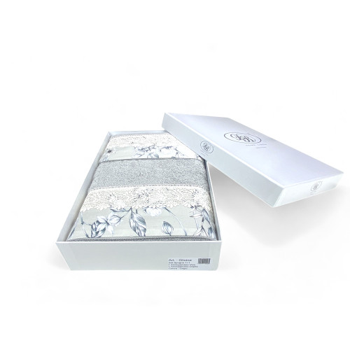 Set de serviettes 1+1 Macramé dentelle glycine gris, pur coton, Made in Italy, Idée cadeau, Boîte élégante
