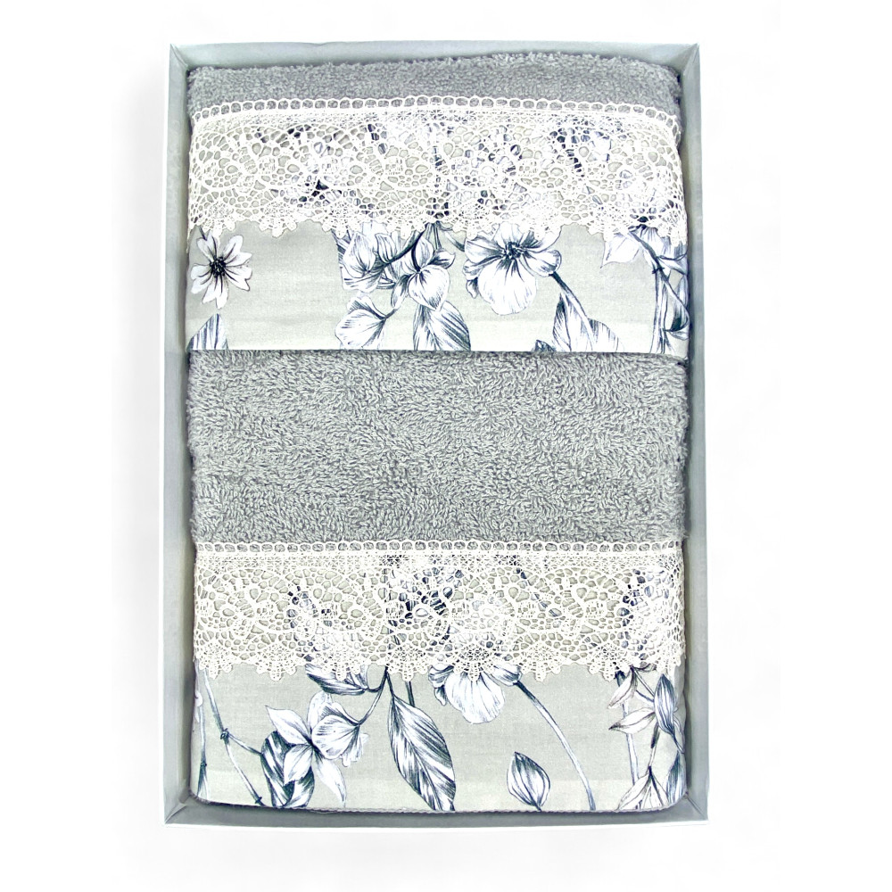 Handtuchset 1+1 Makramee Spitze Glyziniengrau, Reine Baumwolle, Made in Italy, Geschenkidee, elegante Box