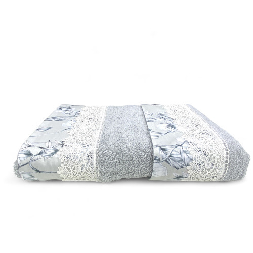 Towel Set 1+1 Macramé Lace Wisteria Grey, Pure Cotton, Made in Italy, Gift Idea, Elegant Box