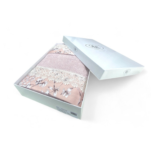 Towel Set 1+1 Macramé Lace Wisteria Pink, Pure Cotton, Made in Italy, Gift Idea, Elegant Box