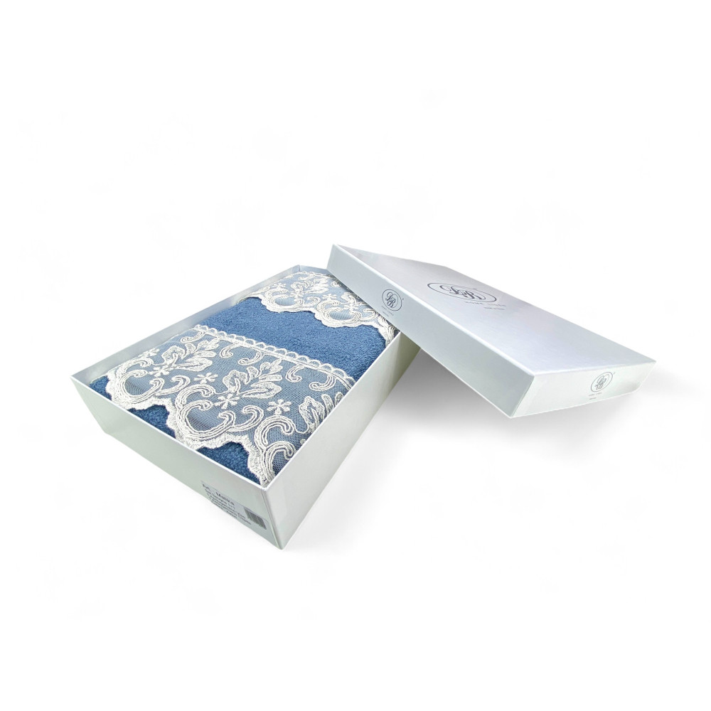 Set de serviettes 1+1 Macramé dentelle Malika Avio, pur coton, Made in Italy, Idée cadeau, Boîte élégante